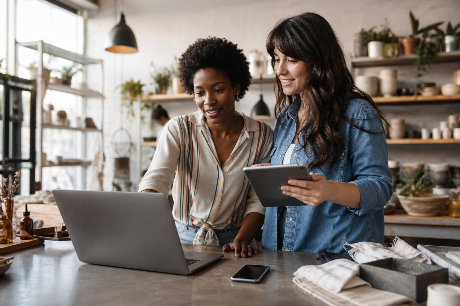 Small business colleagues managing online work before customers arrive