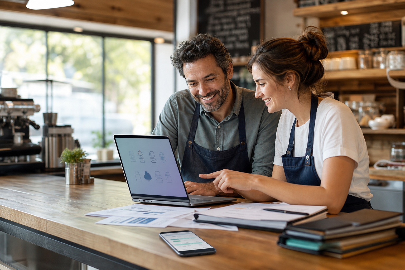 Small business owners coordinating shared files and daily work