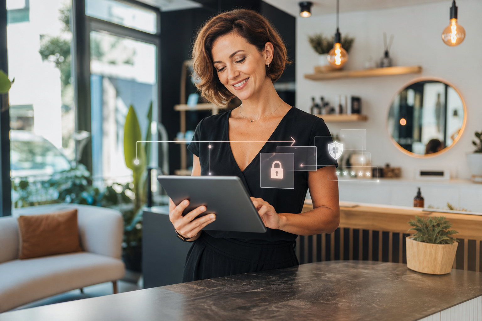 Small business owner managing secure online customer enquiries